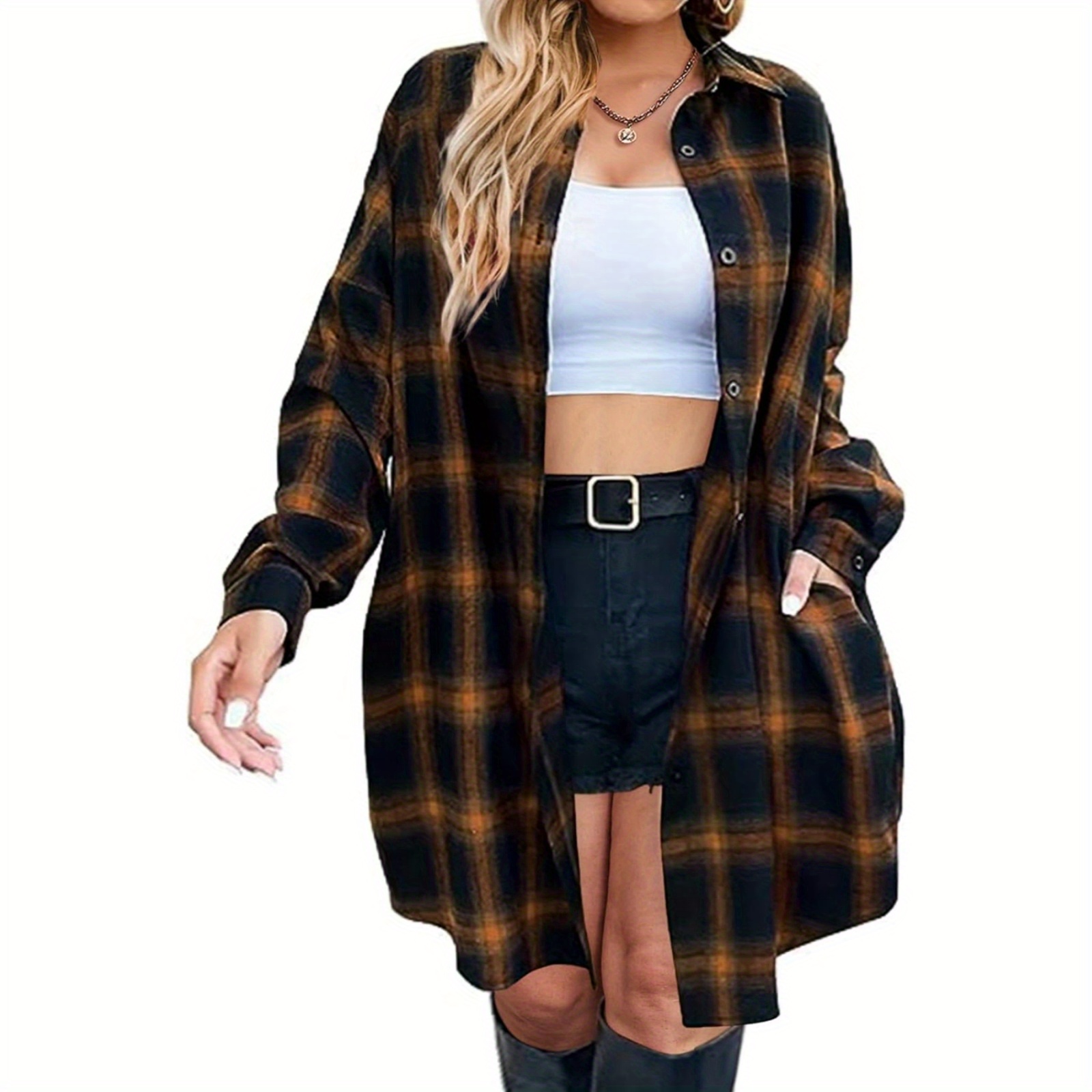 

Womens Plus Size Flannel Shirt Long Sleeve Button Down Blouses Tops Shacket Jackets Coats With Pockets