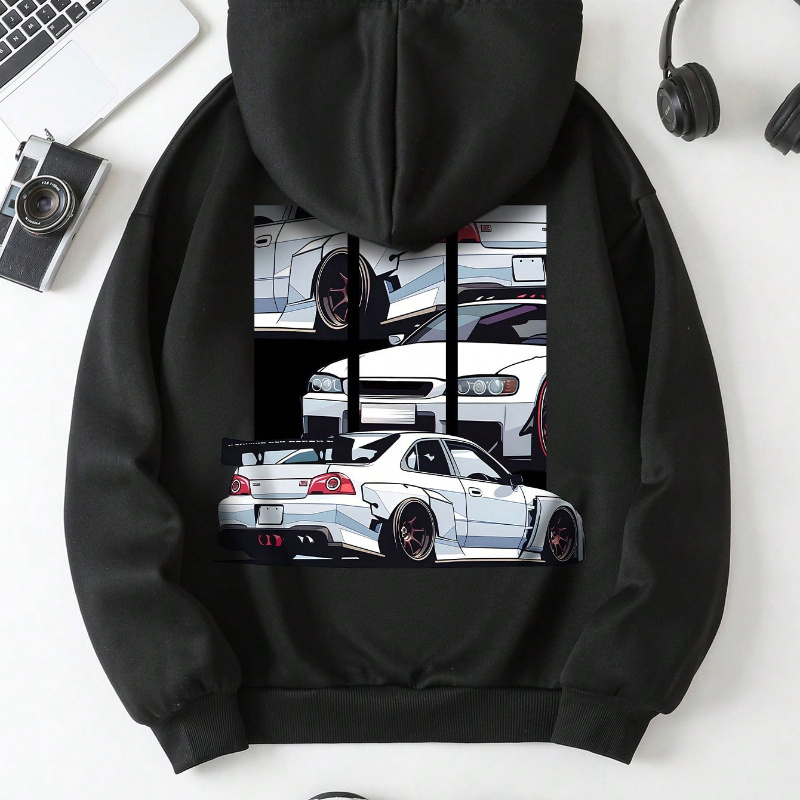 

Car Print Kangaroo Pocket Hoodie, Casual Long Sleeve Drawstring Hoodies Sweatshirt, Women's Clothing