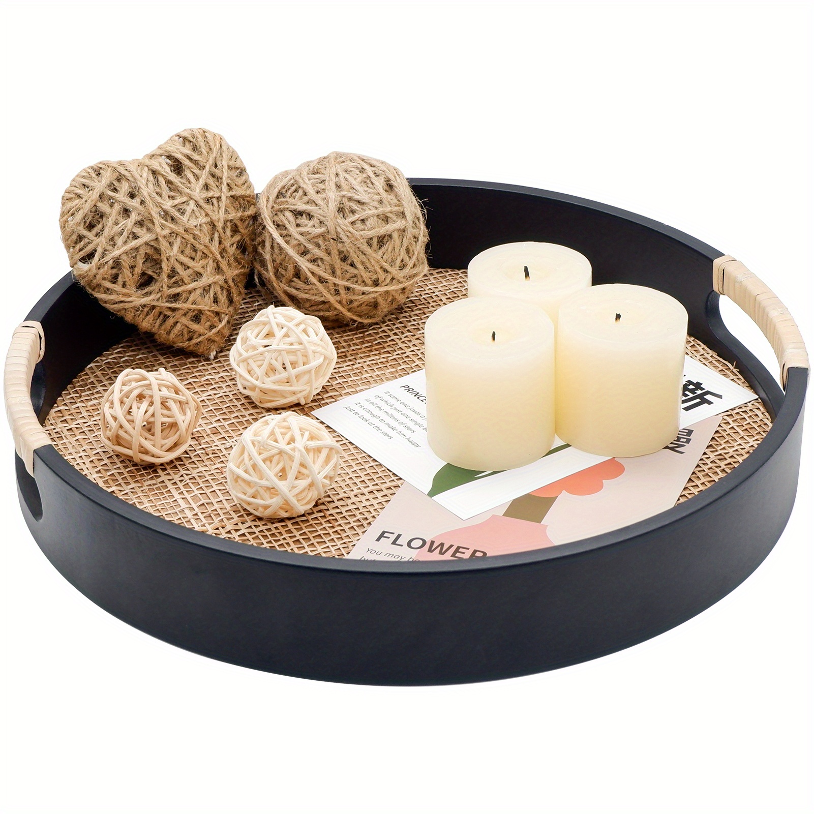 TEMU 11.8 Inch Round Serving Tray, Black Round Tray With Handles, Rattan Black Border Serving Tray For Storage & Display, Coffee Table, Serving Home