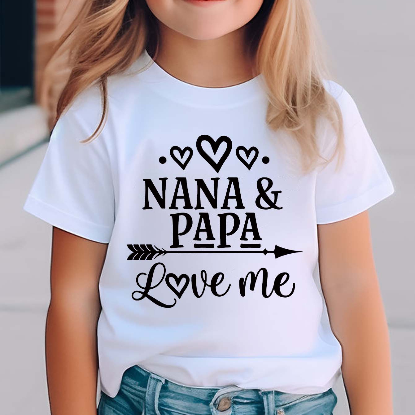 

Nana & Papa Love Me Heart And Arrow Graphic Print, Girl's Casual Comfy Round Neck Short Sleeve T-shirt For Daily And Outdoor Wear