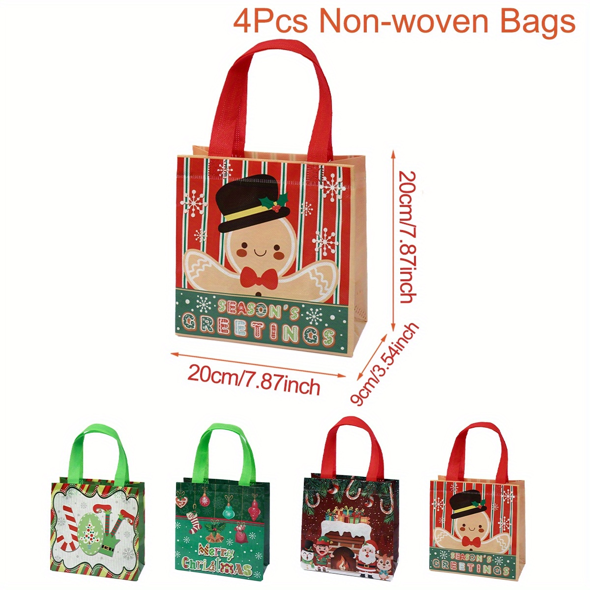 Image of Set Of 4 Reusable Christmas Tote Bags Featuring Handles, Perfect For Gifts Or Grocery Shopping. Non-woven Bags A And Green Design, Ideal For Holiday Treats And Favors