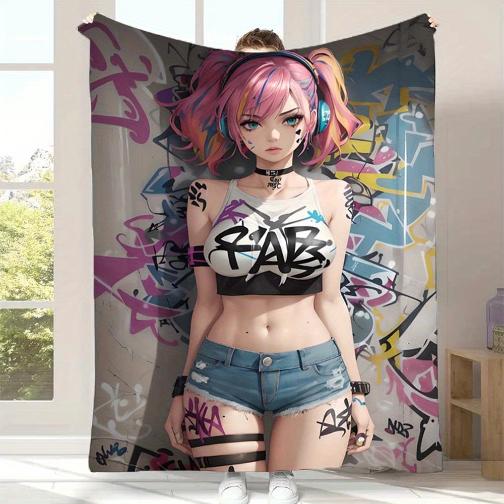 

1pc Contemporary Pink-haired Girl With Headphones Printed Flannel Blanket - All Soft Warm Polyester Fleece For Sofa, Bed, Travel, Camping - Knitted Throw For Living Room, Office Chair