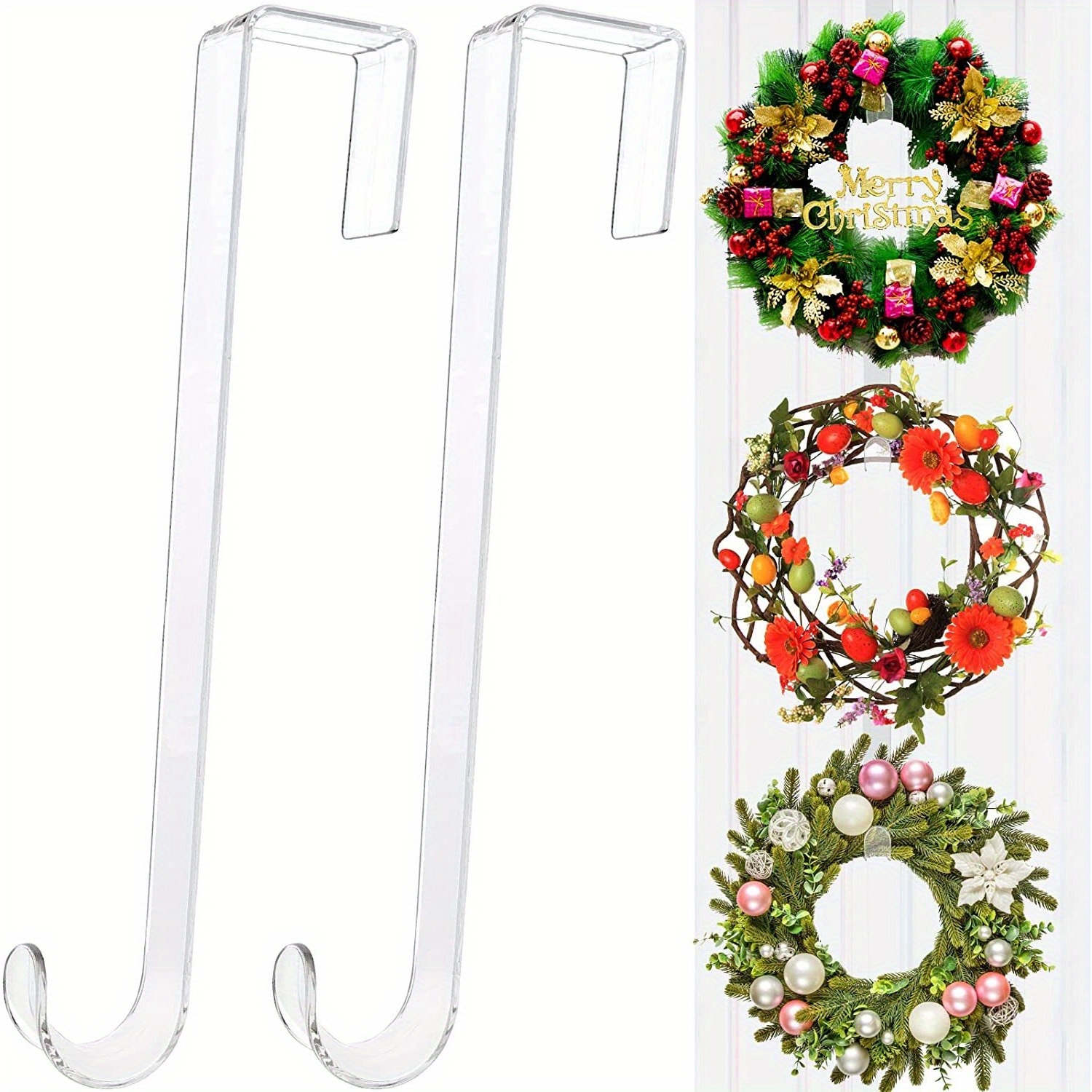 Image of Clear Wreath-hanger Non Scratch Over The Door Hooks, Wreath-door-hanger Easter Halloween Christmas Decoration, Welcome Sign For Front Door Décor , Slim Hangers Organizer For Home