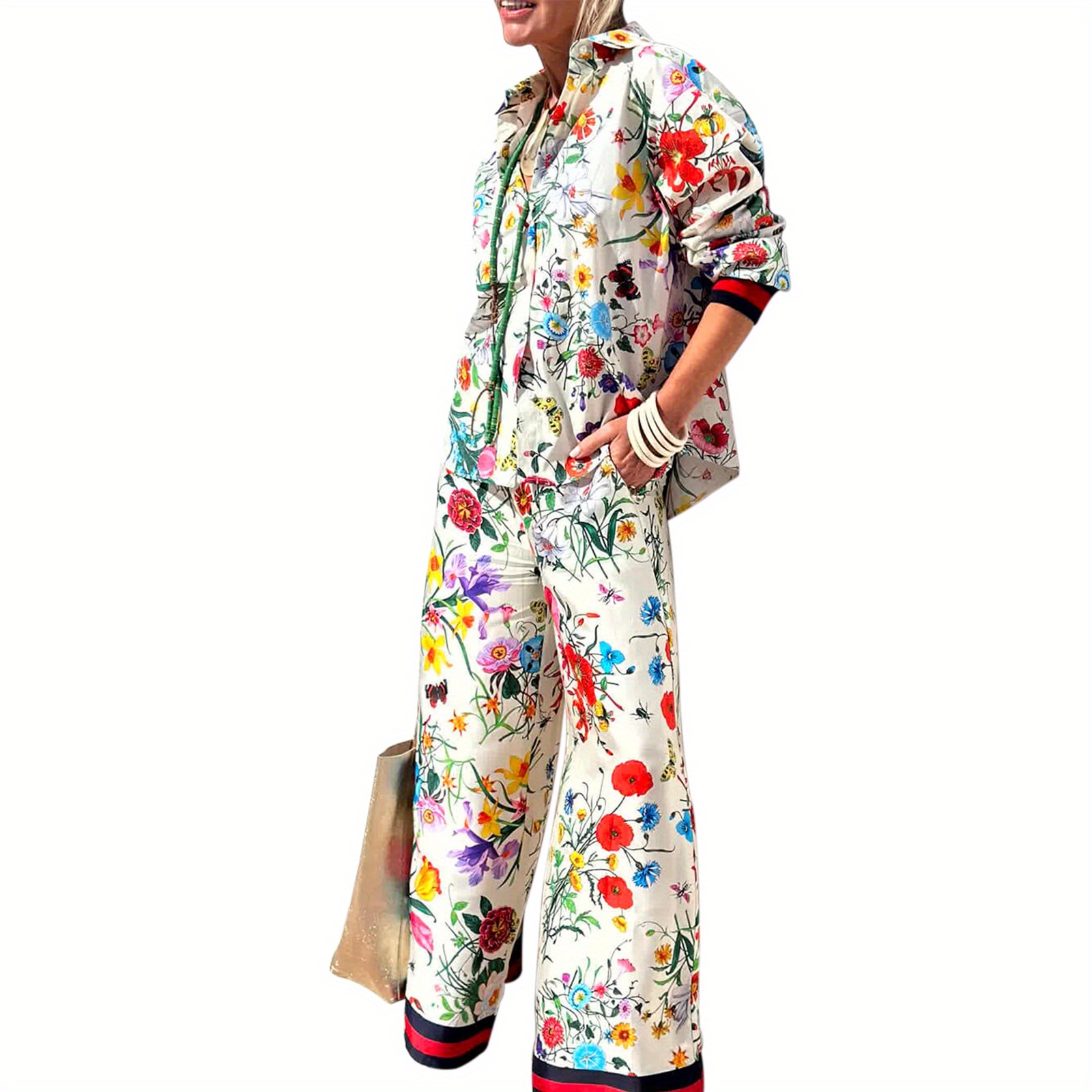 

Women's Fall Casual Outfits Floral Print Long Sleeve Button Down Lapel Shirt With Elastic Waist Pants Set