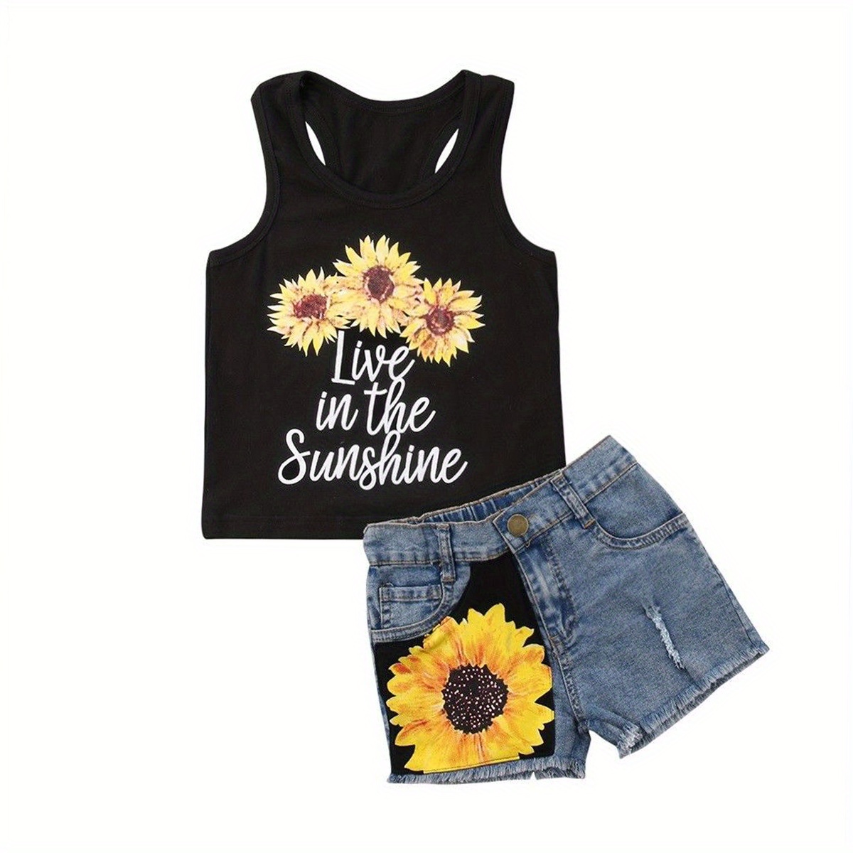 

2pcs Toddler Kids Baby Outfits Set Sunflower Printed Sleeveless Vest + Denim Printed Shorts