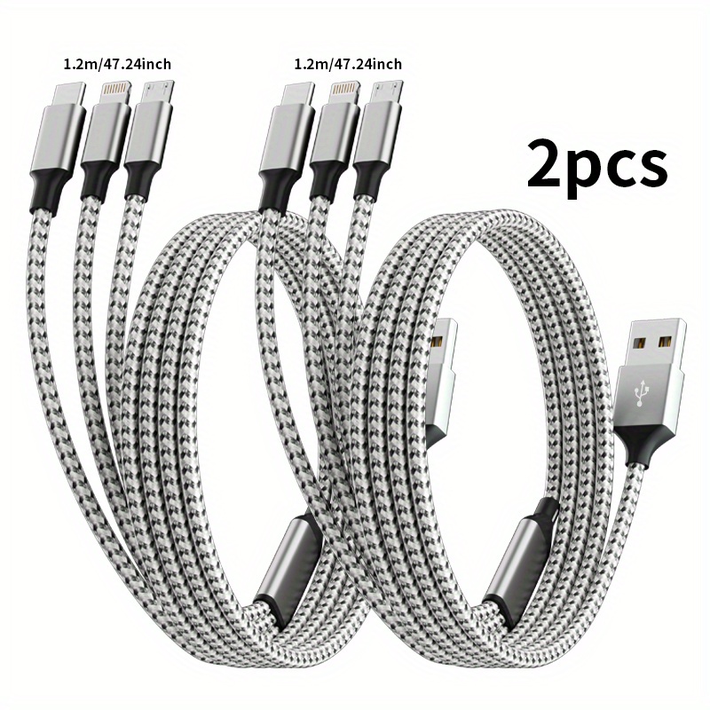 

Jogrytece 2pcs 1.2m/4ft Nylon Braided 3in 1 Usb Charging Cable With Type-c, Micro Usb, Ip Port For Most Phones/iphones/tablets