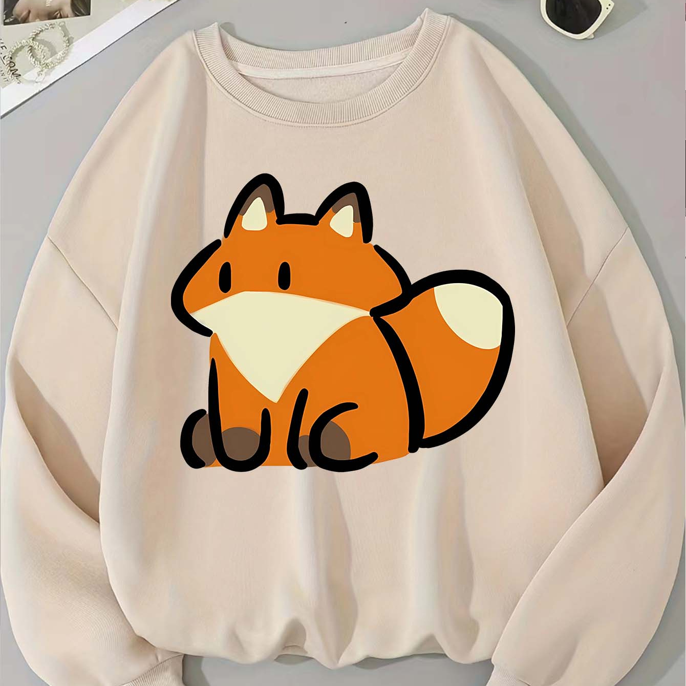 

Women's Cute Casual Pullover Fox Print Women's Pullover Sweatshirt, Polyester Material Women's Clothing For Fall & Winter