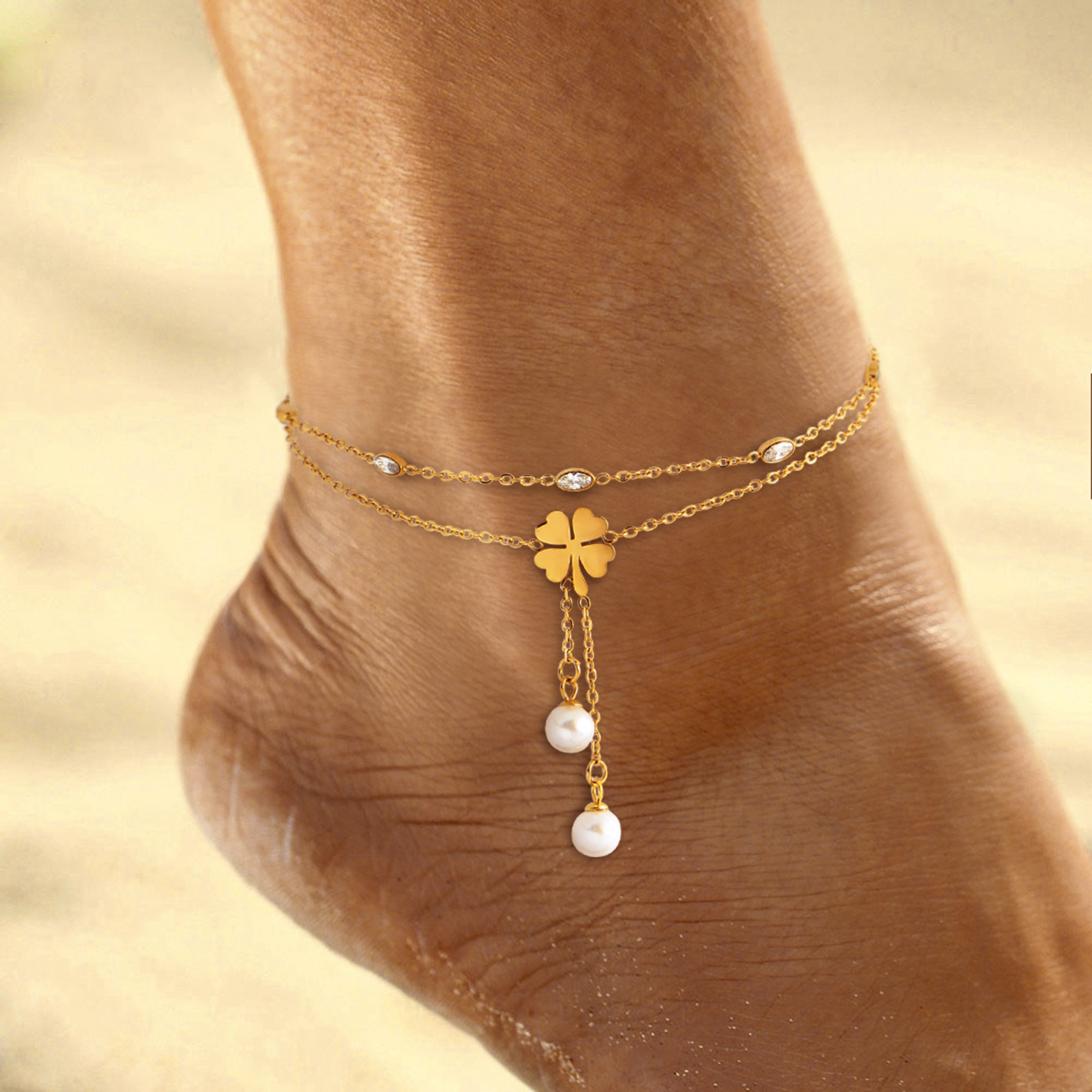 1pc, Women's Fashion Anklet, Clover And Shell Pearl Charm, Elegant And Luxurious Style, Stainless Steel, Hypoallergenic, Suitable For Gifting