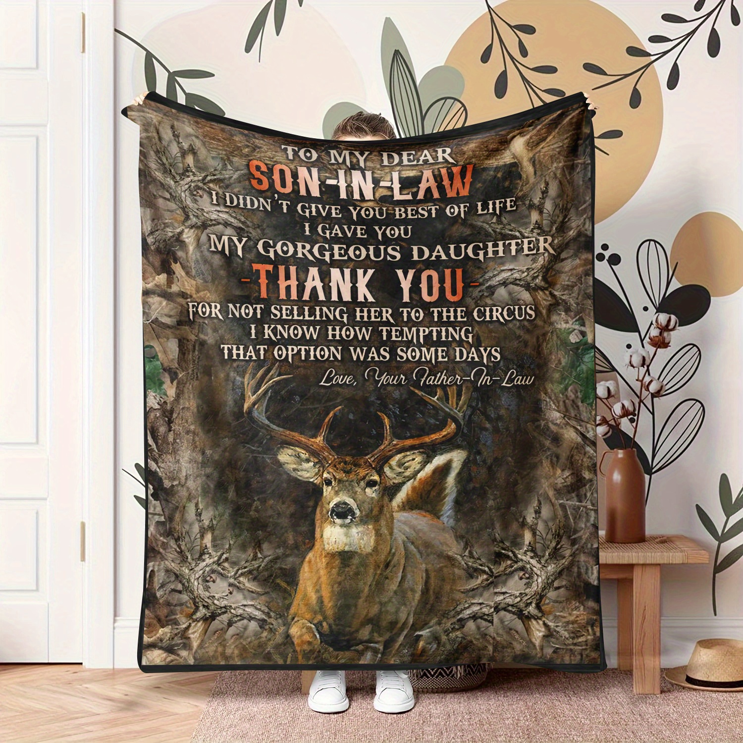 

Son-in-law Appreciation Flannel Throw Blanket With Deer Print - All-season, Style Polyester Knit, Soft Touch, Digital Print, Lightweight, Machine Washable, Sentimental Gift - 59x78 Inches