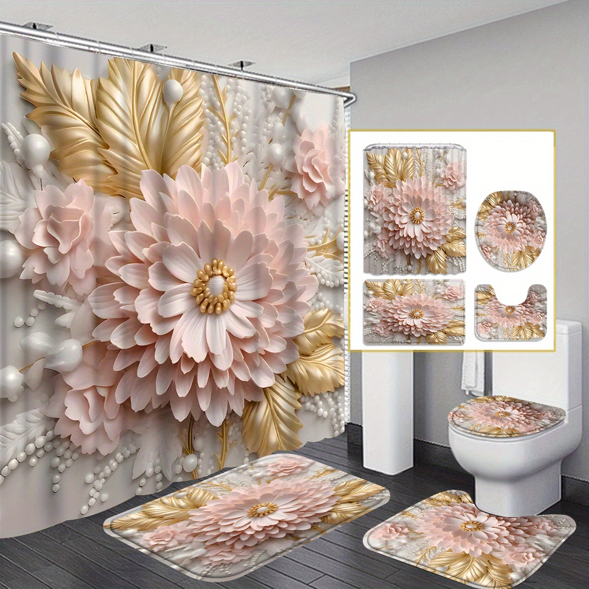 

4pc Delicate Three-dimensional Flowers Shower Curtain Gift Bathroom Decoration Curtain And Toilet Floor Mat 3-piece Set With 12 Shower Curtain Hooks