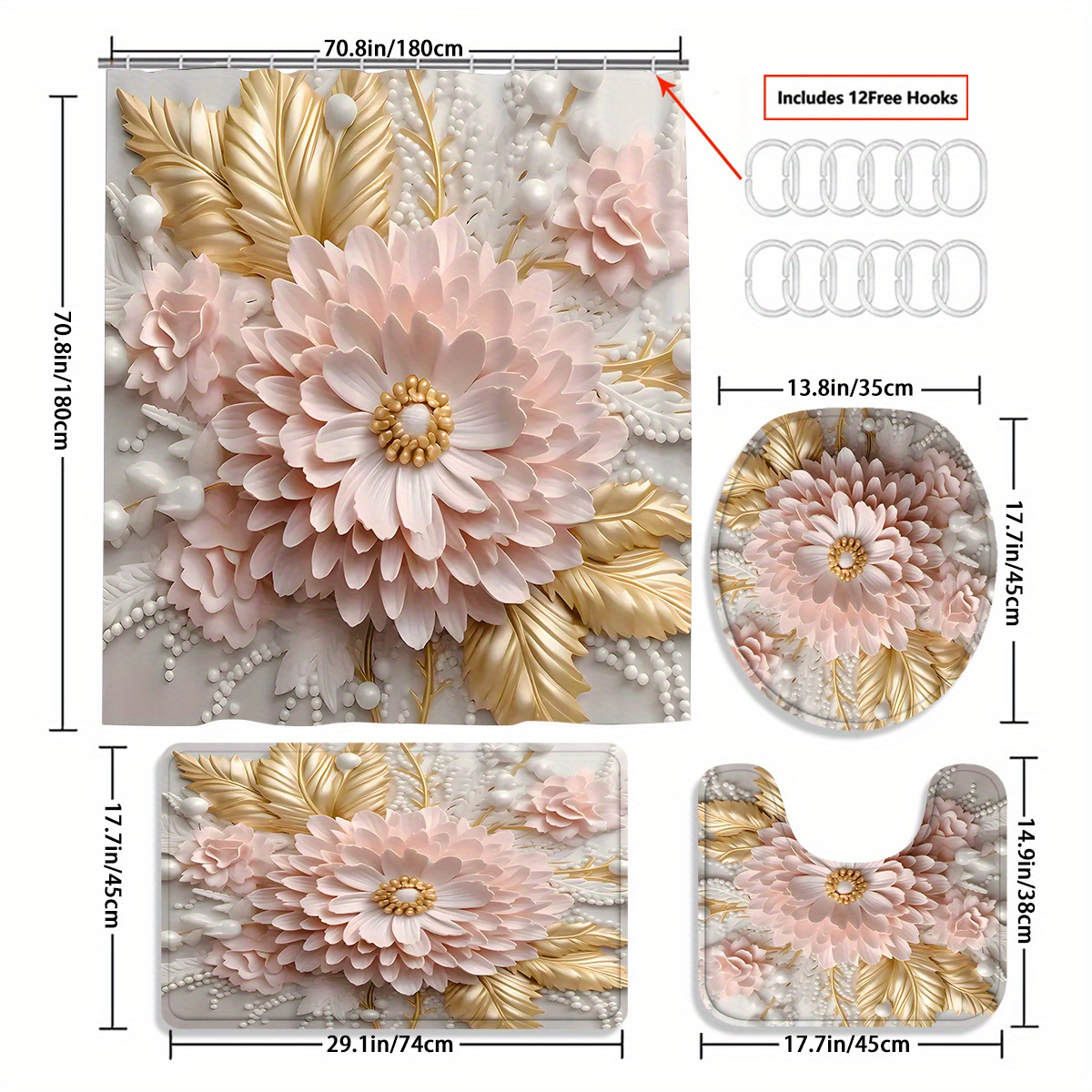 TEMU 4pc Delicate Three-dimensional Flowers Shower Curtain Gift Bathroom Decoration Curtain And Toilet Floor Mat 3-piece Set With 12 Shower Curtain Hooks