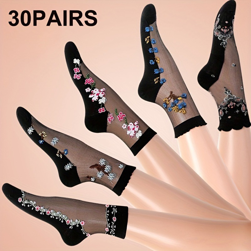 

30 Pairs Women'&summer Thin Non-slip Embroidered Glass Fiber Breathable Mid-tube Socks Suitable For Women And The Elderly