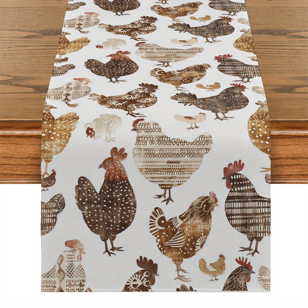 

Farmhouse Style Polyester Table Runner - 1pc Woven Rectangular Table Runner With Watercolor Chicken Pattern For Kitchen Dining Room Decor, Rustic Ethnic Folk Design Party Tabletop Decoration