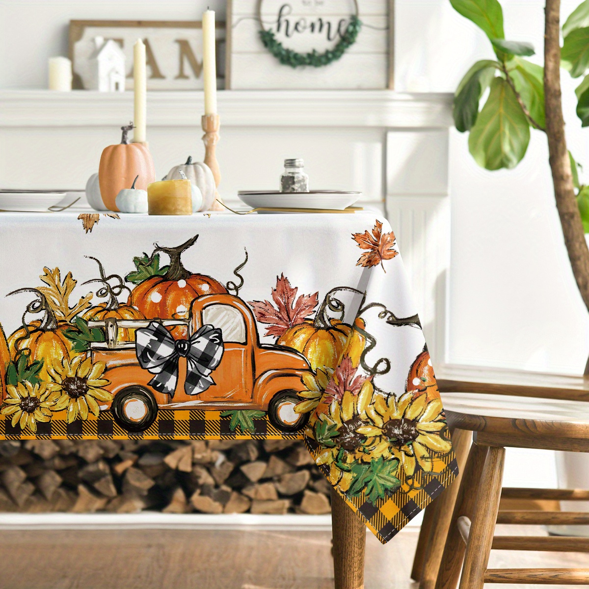 

Sm:)e Fall Tablecloth 60x84 Inch 1pc Rectangular, Thanksgiving Autumn Harvest Orange Truck Gnome Pumpkin Buffalo Plaid Table Cover For Kitchen Party Picnic Dinner Funky Home Decor