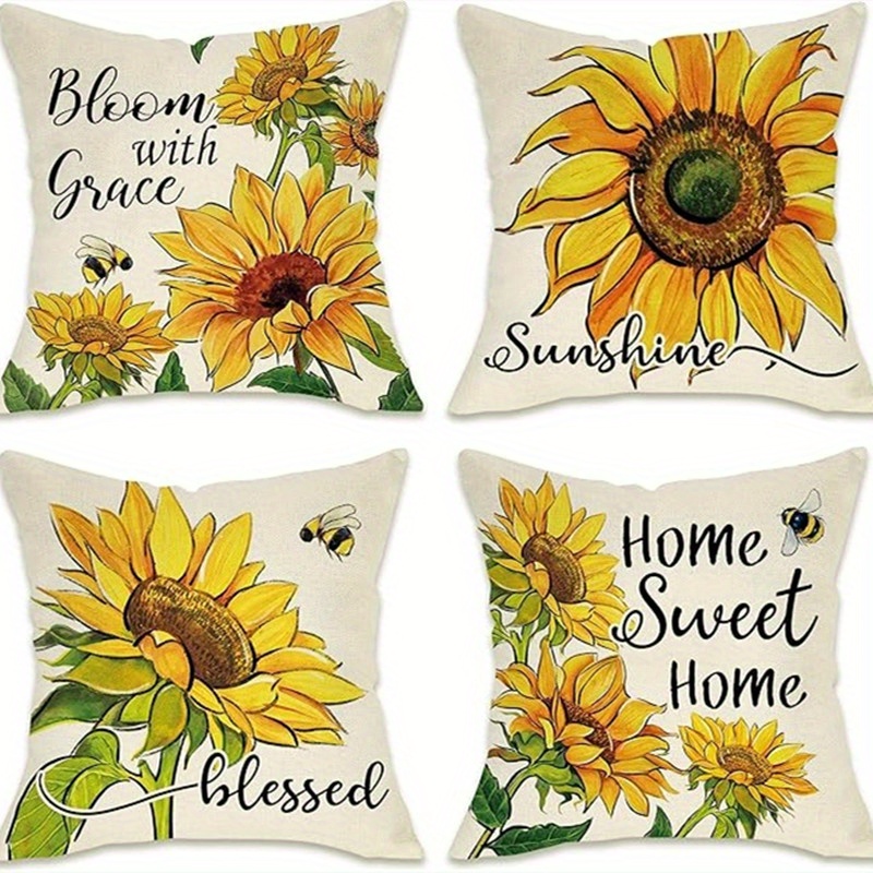 

Thanksgiving Sunflower Sunshine Throw Pillow Cover Set Of 4, Spring Summer Fall Home Sweet Home Blessed Porch Patio Outdoor Pillowcase, Fall Autumn Flower Farmhouse Couch Cushion Case Decor