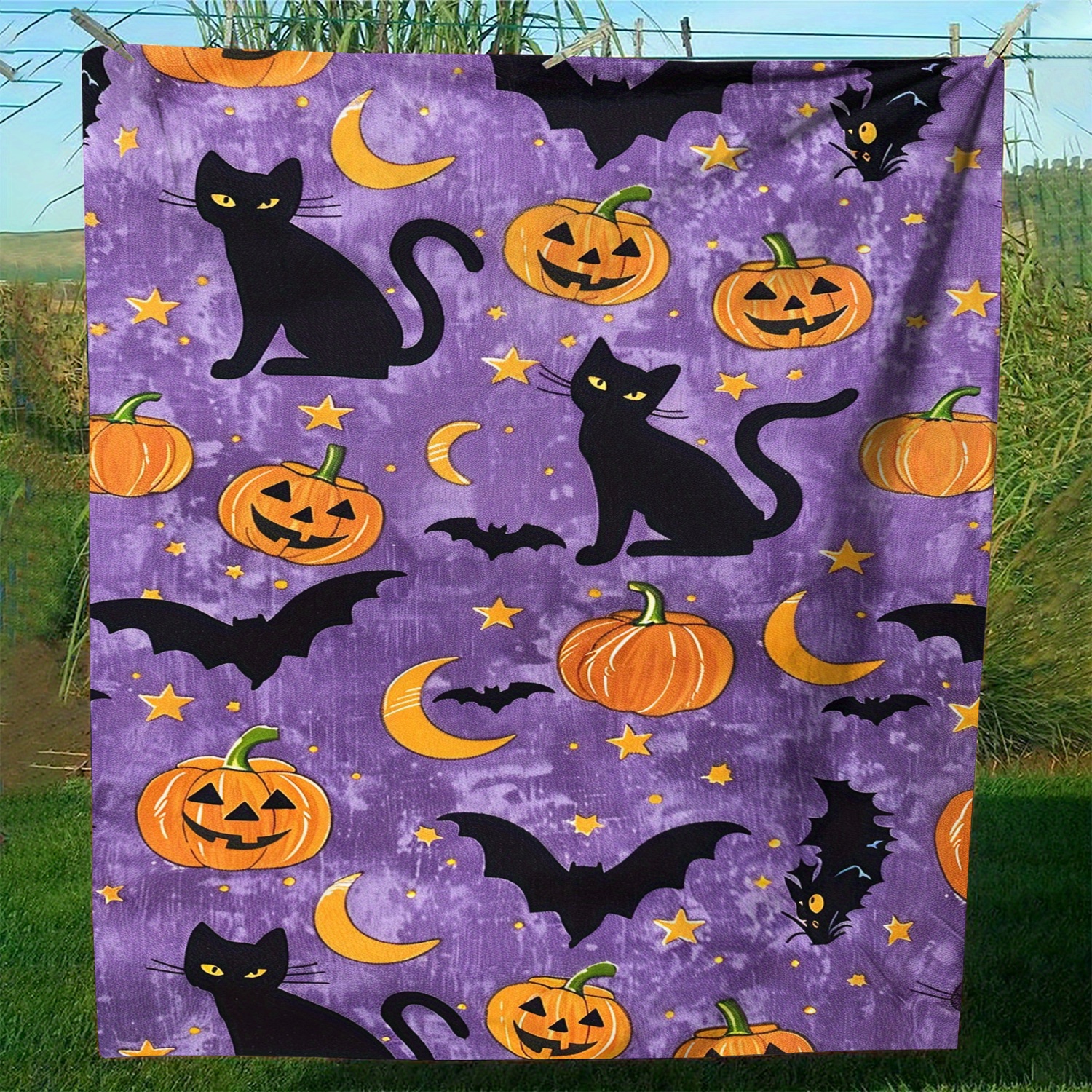 

Halloween Black Cat Pumpkin Bat Print Soft Flannel Throw Blanket, All-season Cozy Vintage Style Knitted Digital Printed Polyester Sofa Blanket