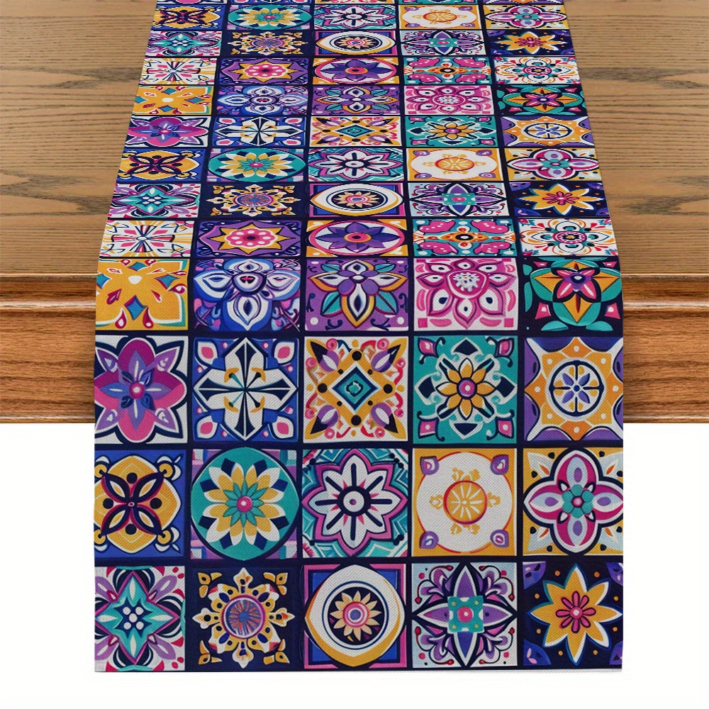 

Bohemian Mandala Tile Geometric Table Runner - Polyester, Rectangular Kitchen & Dining Decor For Home And Parties, Ceramic, Room Decor