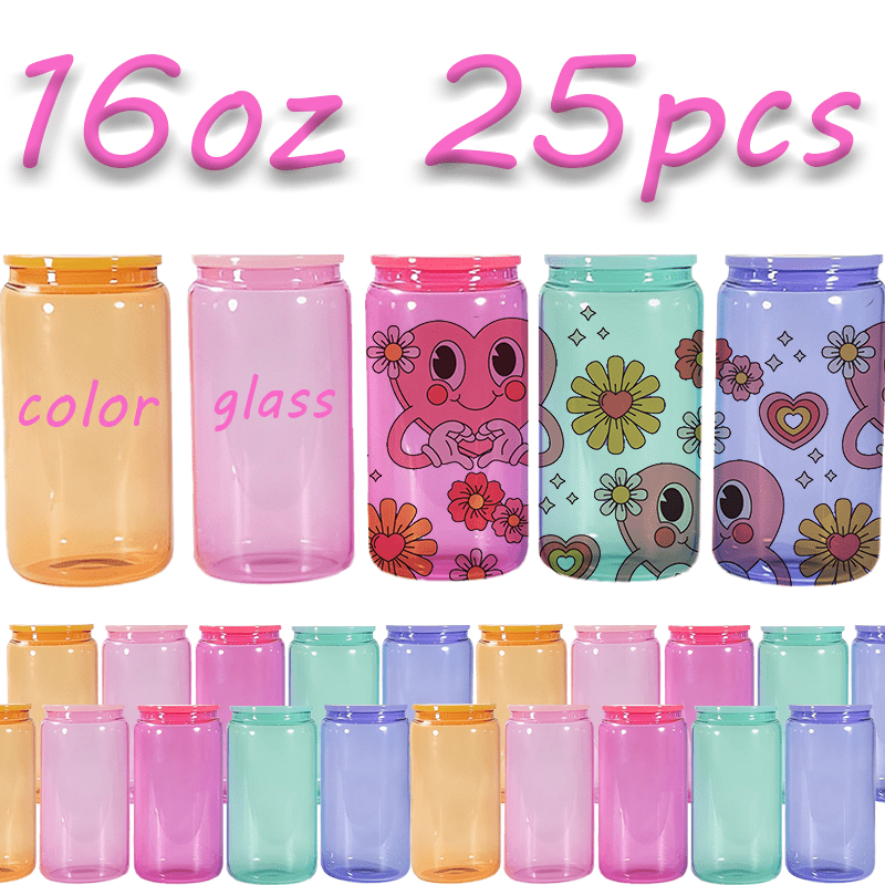 

25pcs 16oz Colored Glass To Enhance The Festive Vibe Of The Restaurant High Borosilicate Glass Water Cup With Plastic Color Lids And Straw The Best Birthday Gift