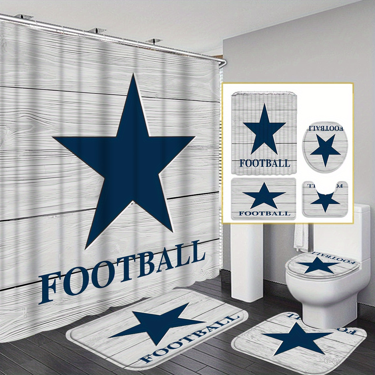 

4pc Star Football Curtain Shower Curtain Decor, Housewarming Gift Decor, Medical Privacy Curtains, Waterproof Shower Curtain And Toilet Floor Mat -piece Set Comes With 12 Shower Curtain Hooks