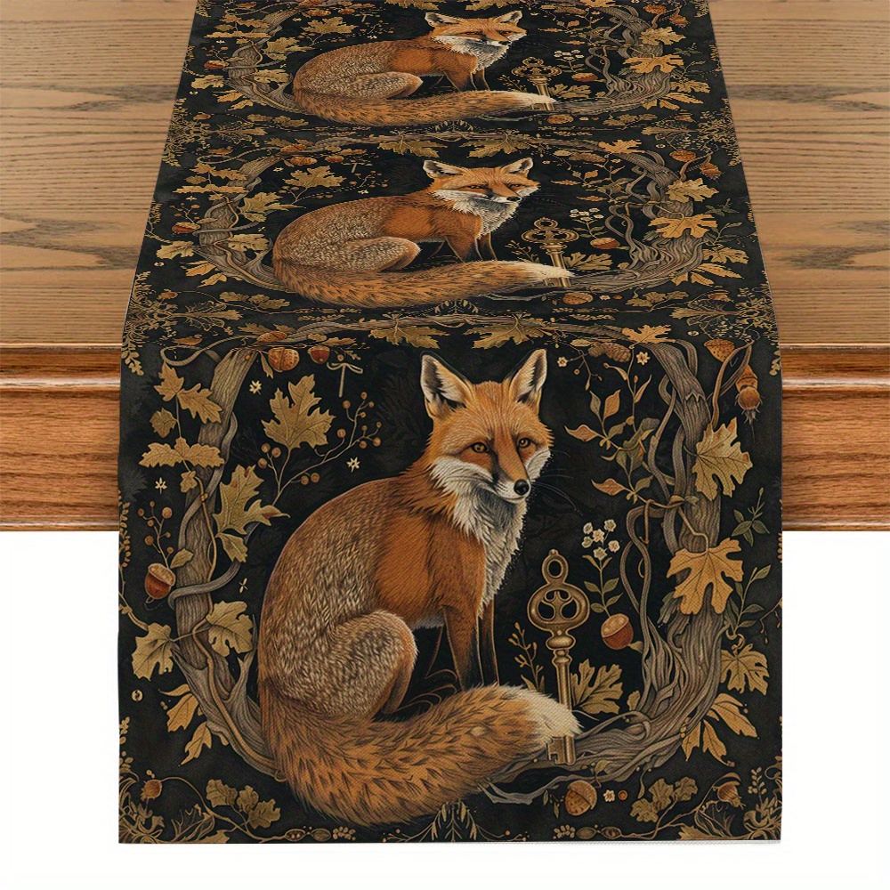 

Fox And Squirrel Botanical Pattern Woven Table Runner - Polyester Rectangle Kitchen Dining Table Decor For Home Room Party, 1pcs