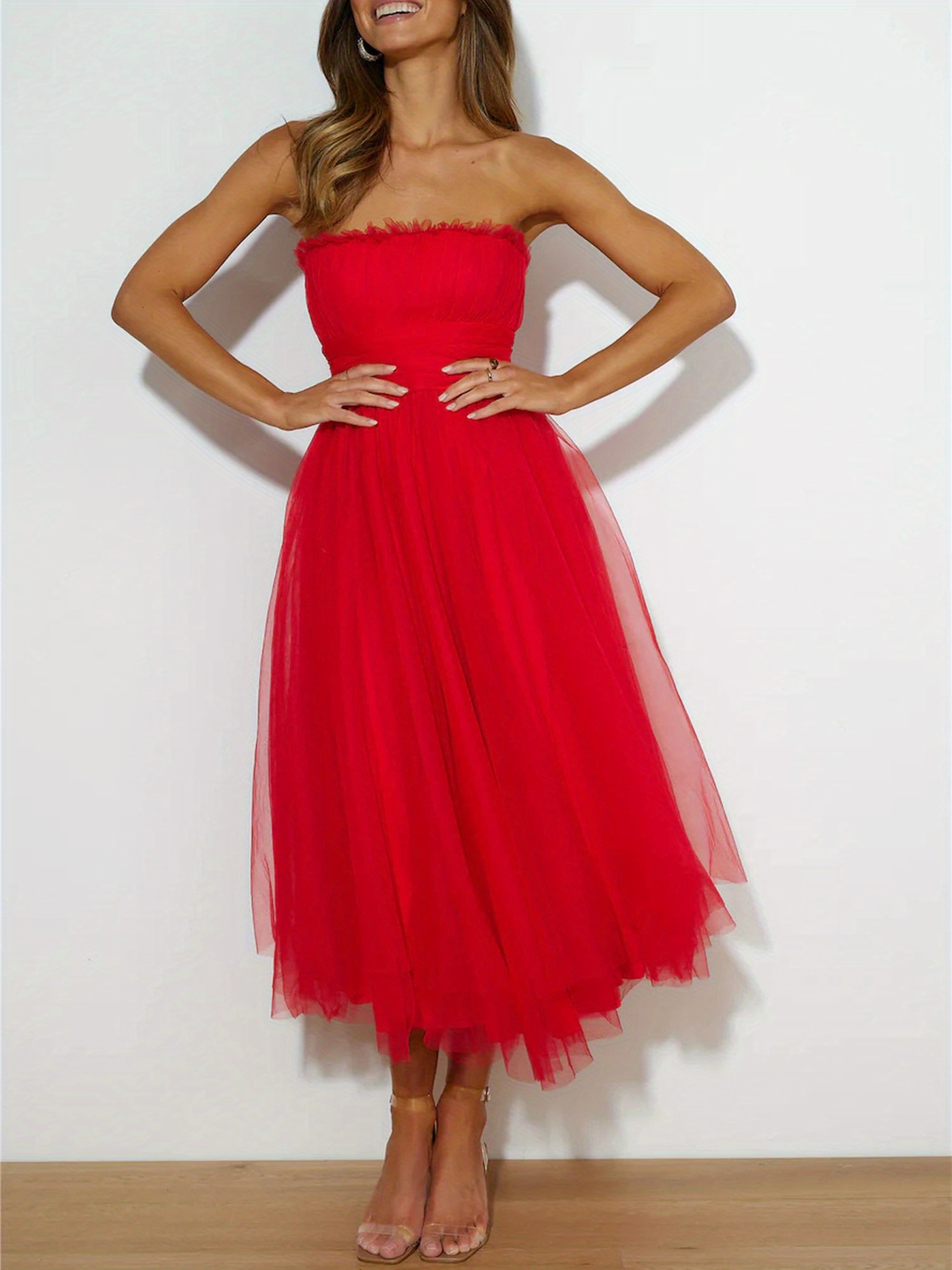 knee length dresses for ladies Strapless Puffy Midi Tulle Dress, Emerald / 16 main image 1