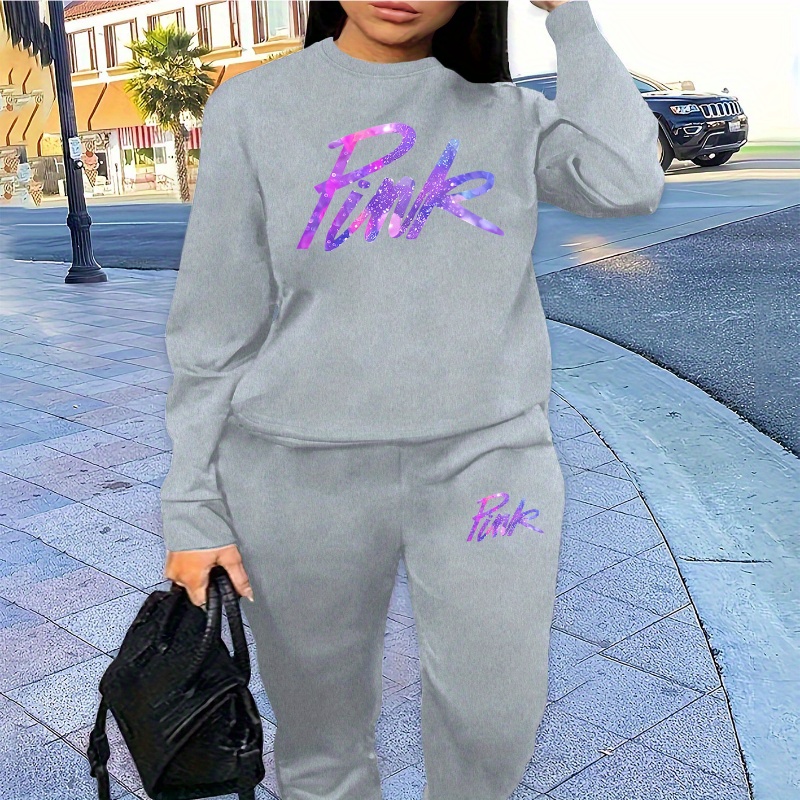 

Letter Print 2 Piece Set, Crew Neck Sweatshirt & Pants, Women's Clothing