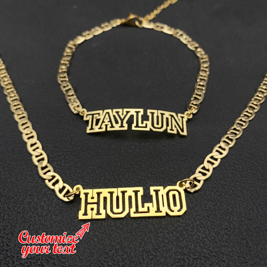 

2pc Custom Name Necklace And Bracelet Set, Stainless Steel Personalized Hip Hop Jewelry, No Mosaic Material, Durable Engraved Nameplate, Ideal For Birthday, Family, And Friends Gift