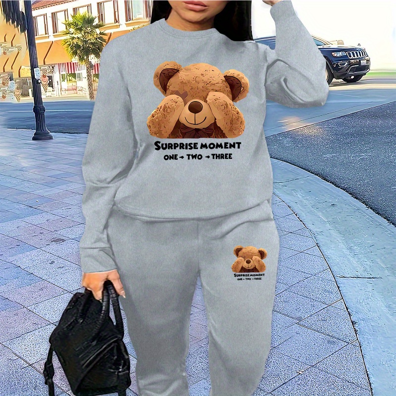 

Bear Print 2 Piece Set, Crew Neck Sweatshirt & Pants, Women's Clothing