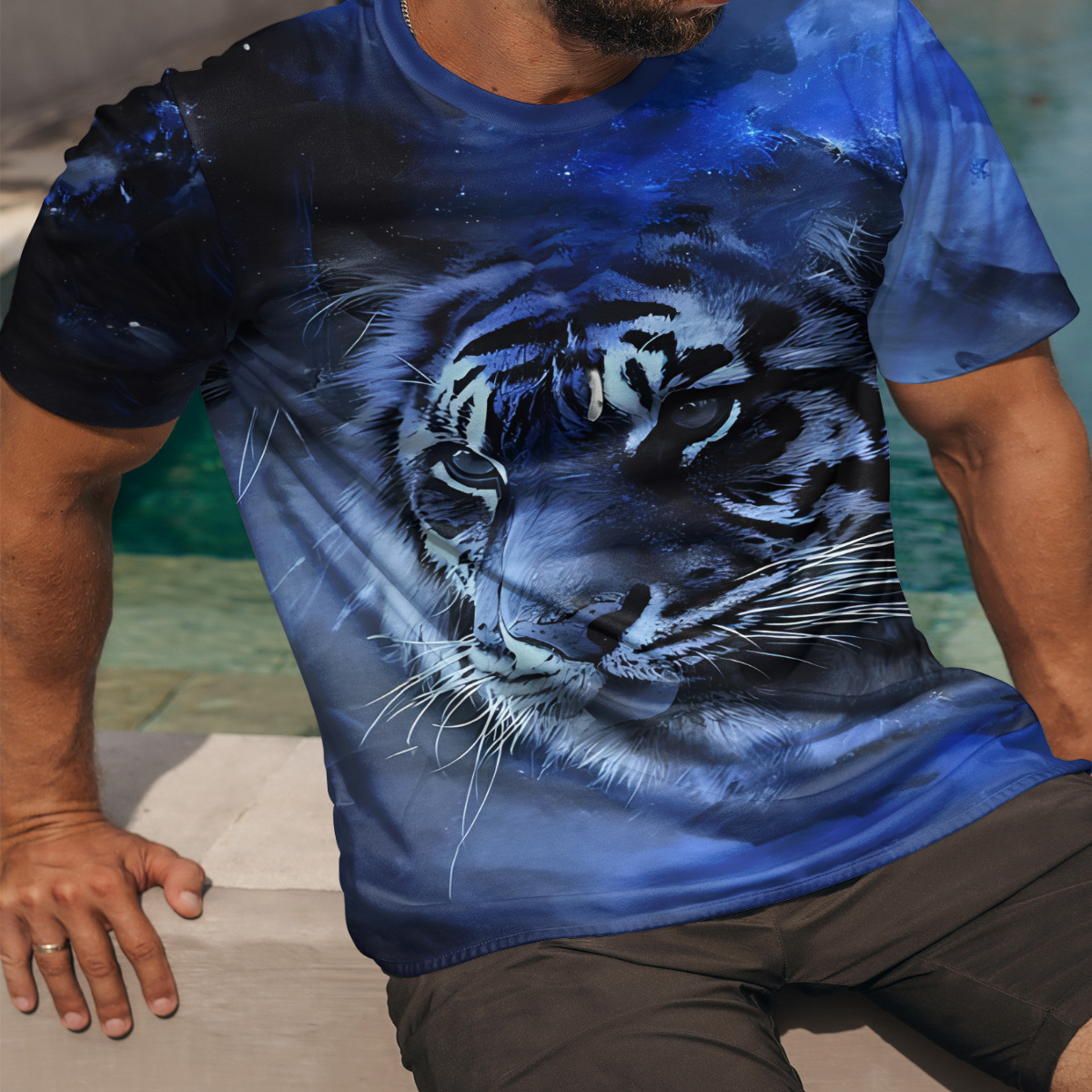 

Men's Breathable Tiger Print T-shirt - Casual & Sporty, Stretch Fabric, Machine Washable