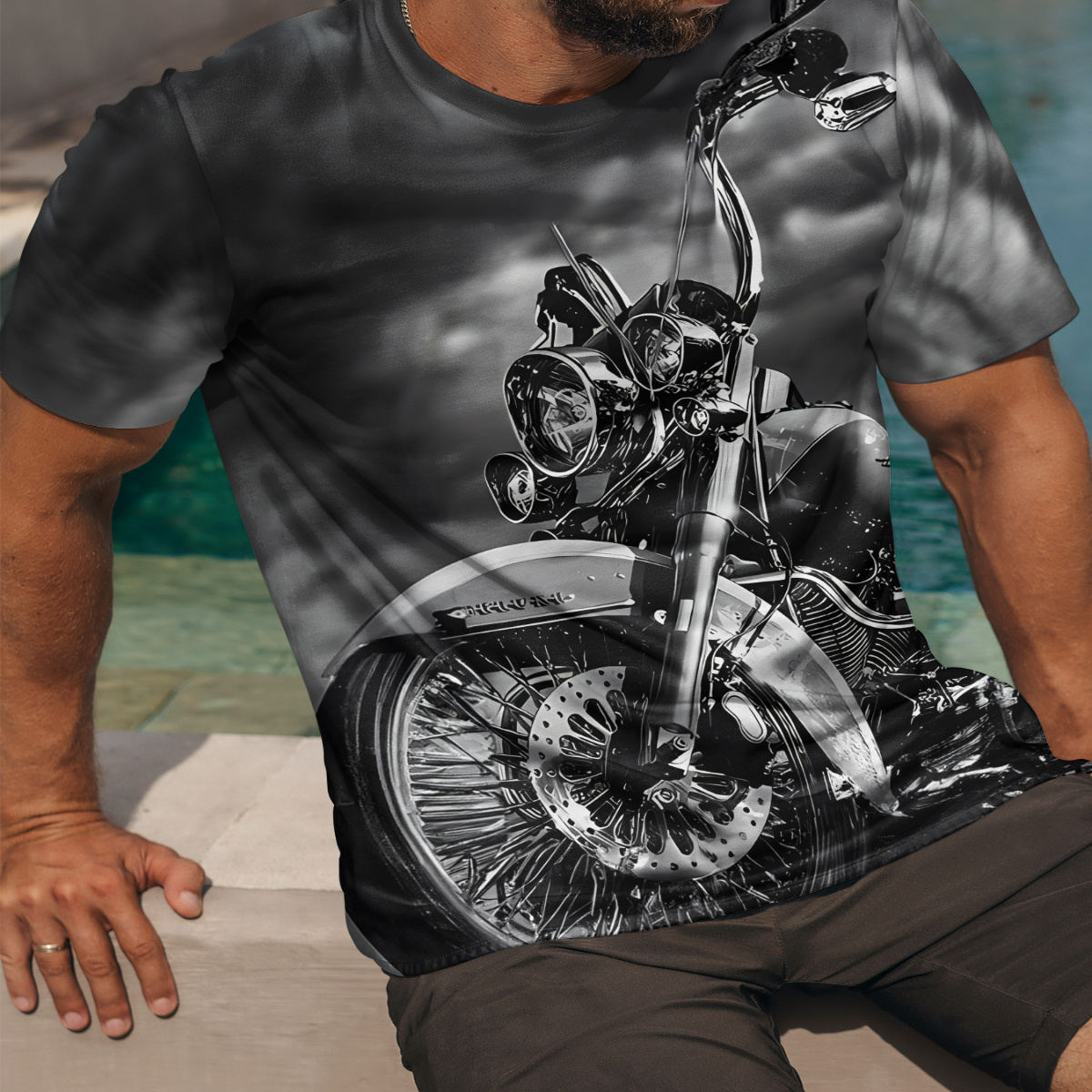 

Novelty 3d Motorcycle Pattern Print Men's Crew Neck Short Sleeve T-shirt, Casual Summer T-shirt For And Vacation Resorts