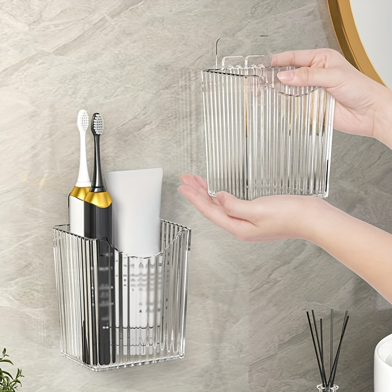 

Clear Plastic Wall-mounted Toothbrush Holder - Multifunctional Bathroom Organizer For Toothbrushes, Toothpaste, Razors - No Power Needed, Easy Install Storage Basket