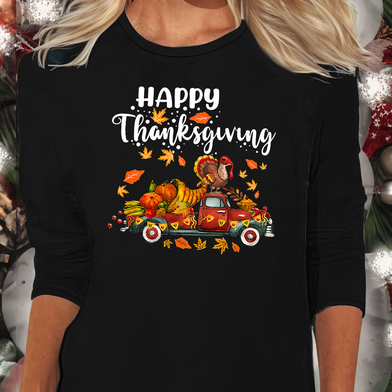 

Truck With Turkey & Pumpkin & Slogan Print Lounge Tops For Fall, Casual Long Sleeve Medium Stretch T-shirt, Women's Loungewear