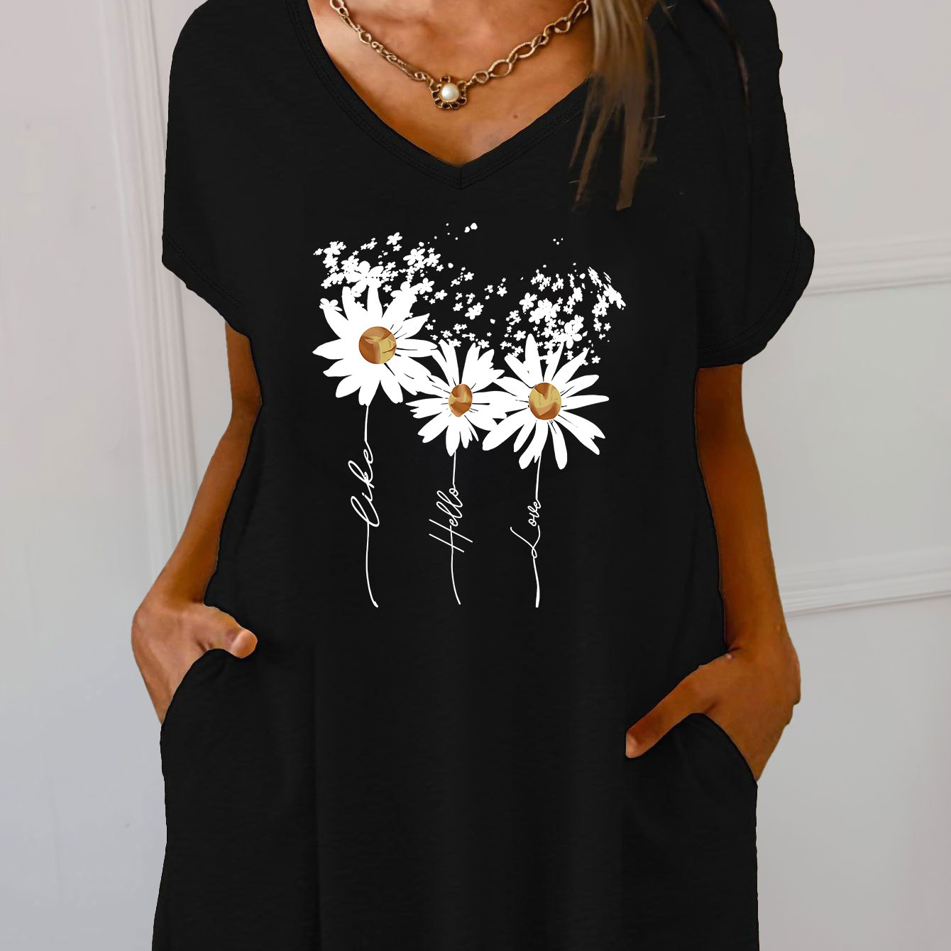 

Casual Daisy & Letter Print Lounge Dress, Round Neck Short Sleeve Tee Dress, Women's Loungewear