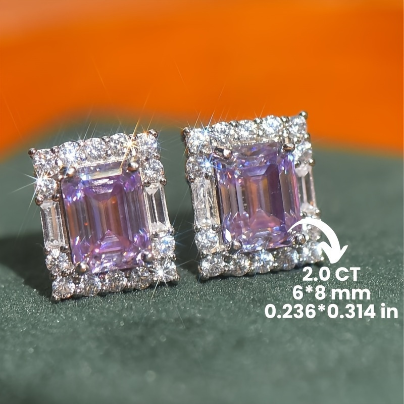 3 5g 2ct 2pcs purple moissanite square earrings 925 silvery emerald cut moissanite earrings     for elegant women elegant earrings a must have for dates a gift for women details 1