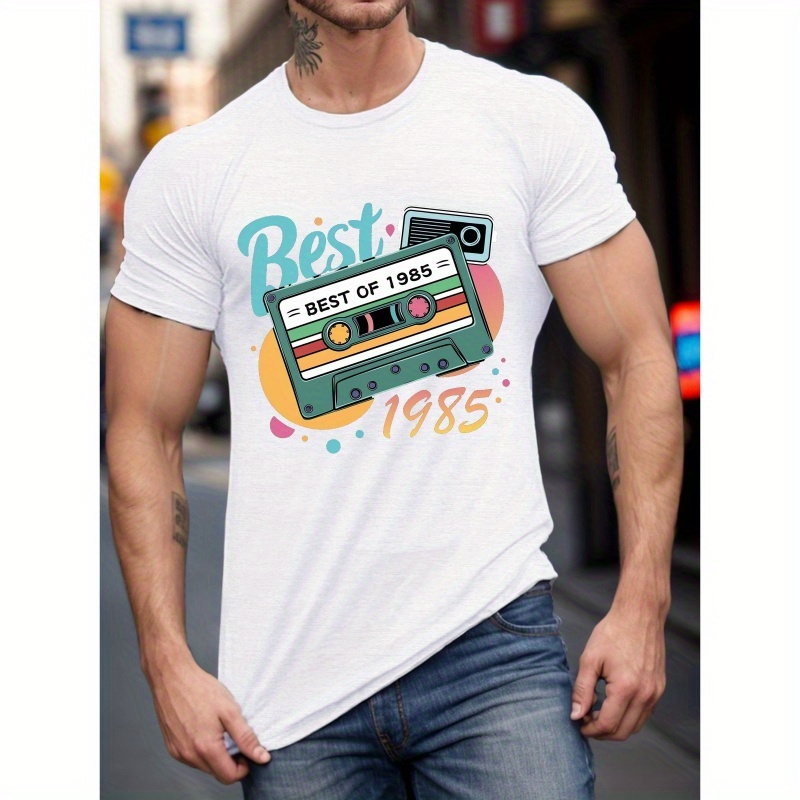 

1985 Years Print T-shirt, Casual Slightly Stretch Crew Neck Short Sleeve Tee, Men's Clothing For Summer