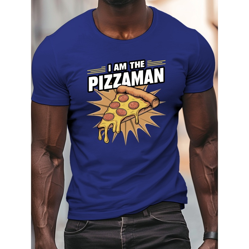 

I Am The Cartoon Pizza Graphic Print, Men's Round Neck Short Sleeve Tee, Casual Comfy Top For Summer