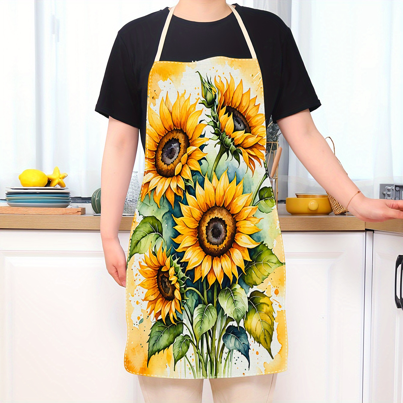 

Chic Sunflower Linen Apron - Durable, Sleeveless Kitchen & Dining Wear For Cooking And Cleaning - Perfect Gift For Holidays & Special Occasions