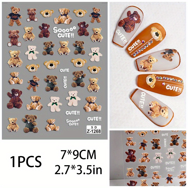 Image of 1pc 5d Embossed Vintage Print Multipurpose Sticker With Teddy Bear Doll Design For Nail Art, Scrapbooking And Phone Case Decoration For Nail Stickers