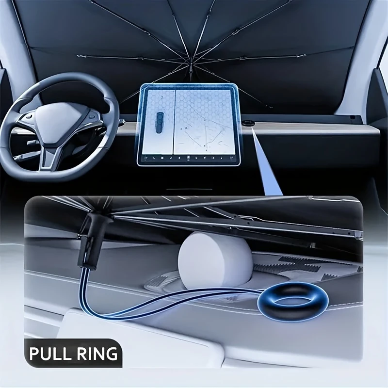 2024 car umbrella sunshade with pull cord windshield sunshade car sunshade foldable car windshield sunshade shade details 3