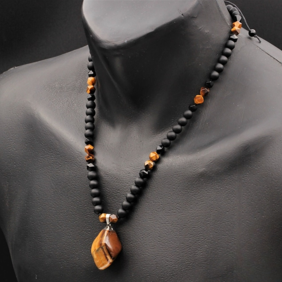 

Big Raw Tiger Eye Pendant Beads Necklace For Men With Black Onyx Beaded Chain- Long Adjustable Protective Necklace For Men Christmas Gift