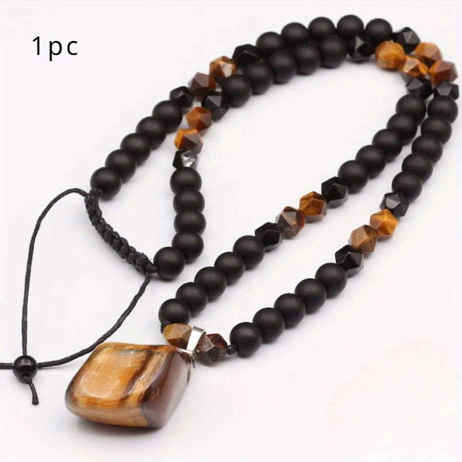 TEMU Big Tiger Eye Pendant Beads Necklace For Men With Black Onyx Beaded Chain- Long Adjustable Protective Necklace For Men Christmas Gift