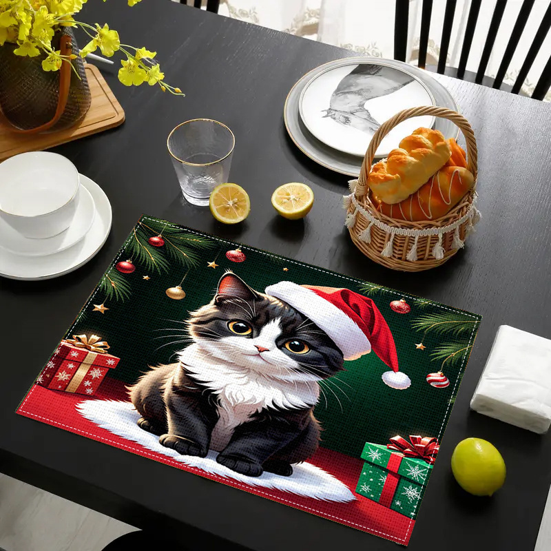 

Christmas Cat Placemats Set Of 2/4/6 - Woven Polyester, Hand Washable, Fade Resistant, Heatproof Dining Mats For Kitchen Decor, Festive Party Table Setting