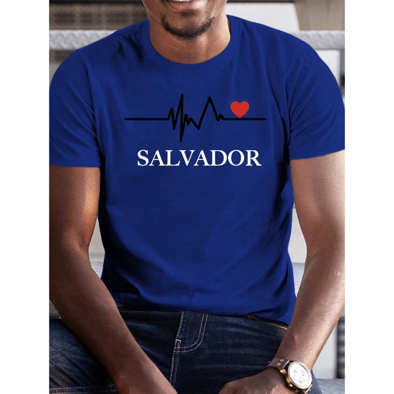 

i Love El Salvador" Men's Casual Tee Shirt - Polyester, Round Neck, Short Sleeve, Geometric Print, Summer T-shirt