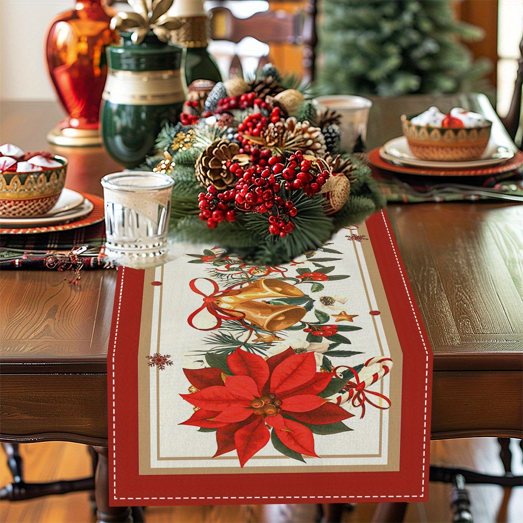 

2024 Holiday Collection - Christmas Table Runner With Poinsettia And Bells, Elegant Dining Table Decor, 100% Polyester, Woven Rectangular Table Linen, Machine Washable & Fade Resistant, 1pc