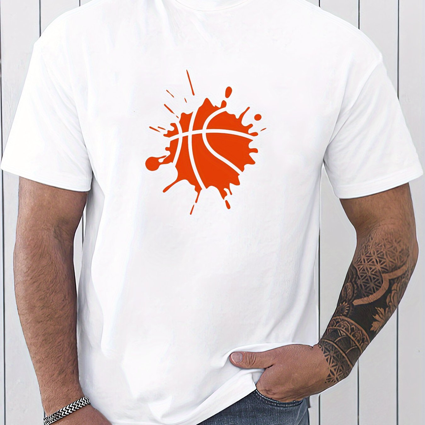 

1 Piece, 100% Cotton T-shirt, Basketball Paint Graphic Print, Men's Novel Graphic Design T-shirt, Summer Casual Comfort T-shirt, Men's Everyday Activity Top