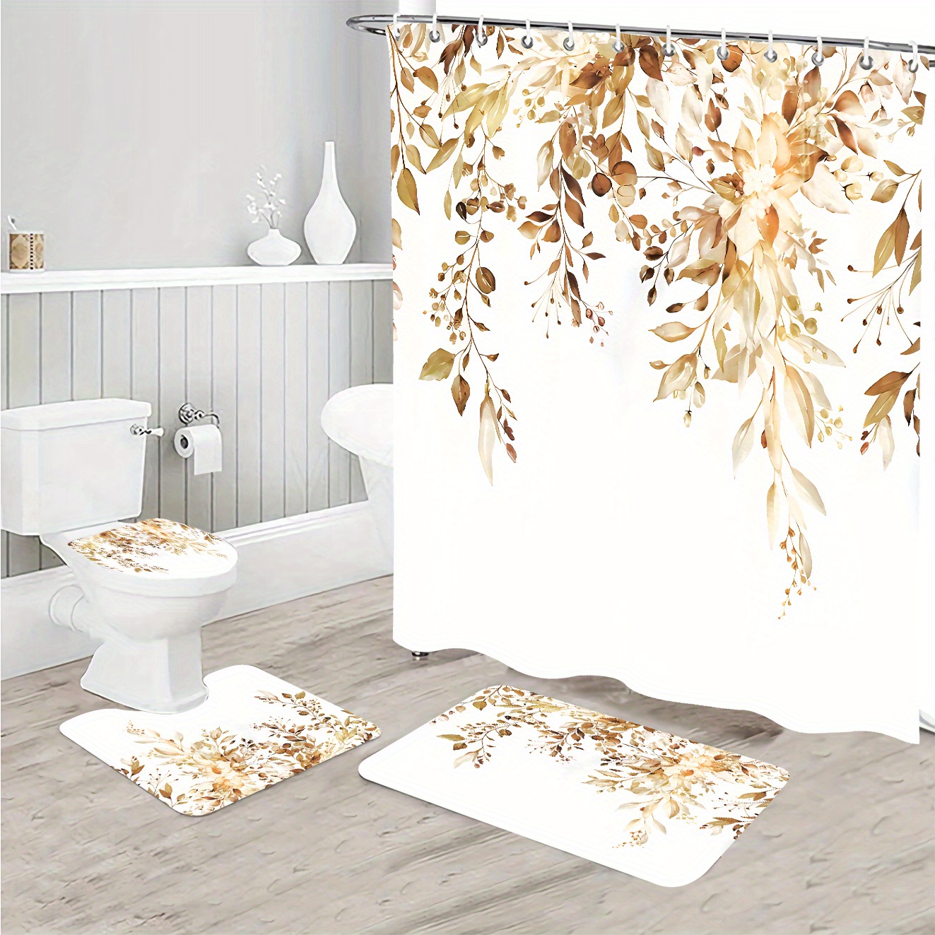 

Cozy Christmas Bath Set: White And Golden Leafy Shower Curtain, Bath Mat, U-shaped Rug, And Toilet Seat Cover - Perfect For A Festive Bathroom Decor