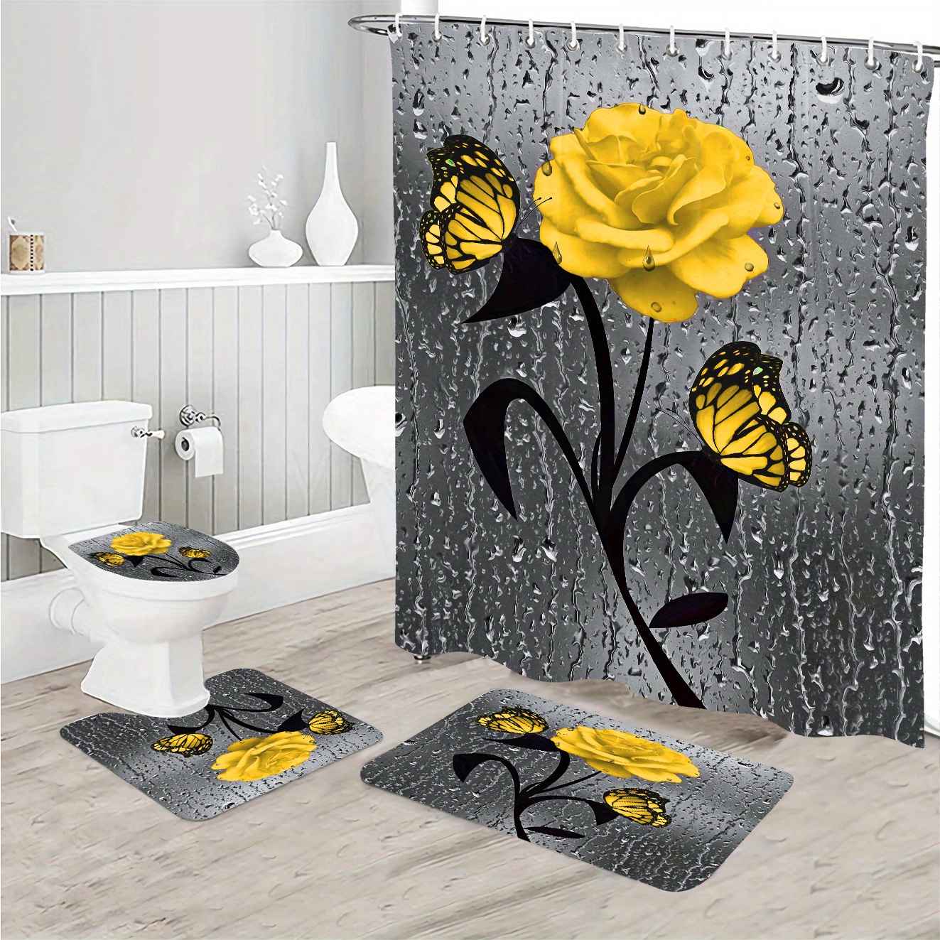 

Yellow Rose Waterdrop Butterfly Bathroom Set With Non-slip Mat, Christmas Bathroom Decor, Bath Carpet, U-shaped Mat, Toilet Seat Cover, 180x180cm Shower Curtain With 12 Hooks