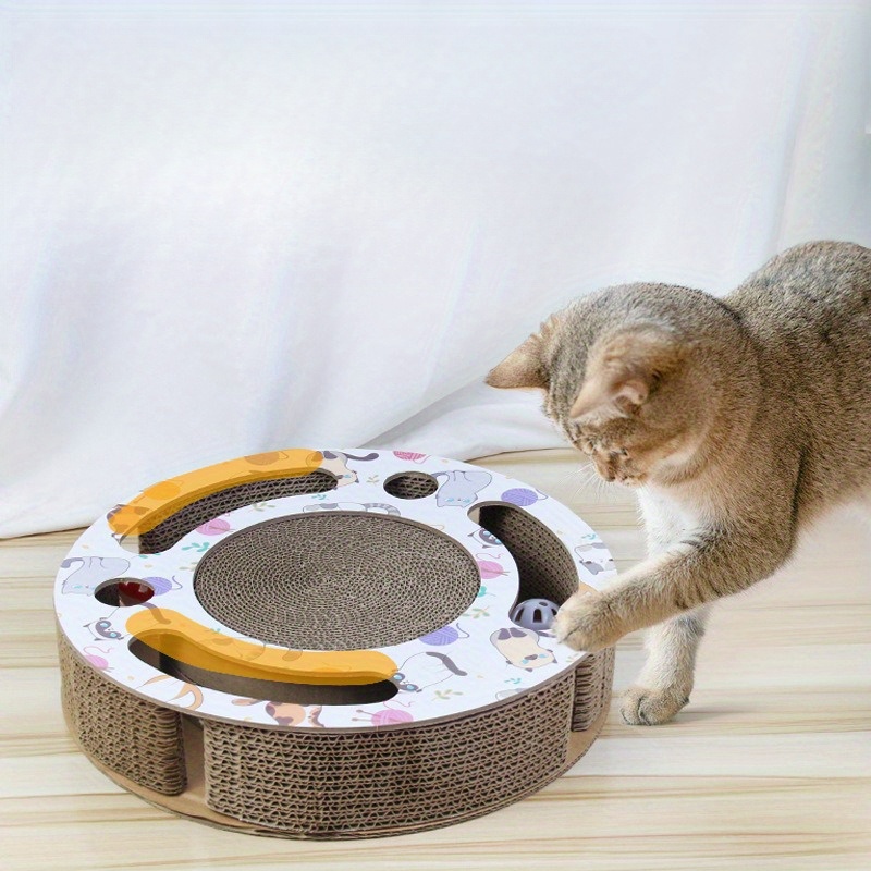 

Interactive Cat Scratcher Toy With Rotating Ball And Cardboard Scratching Pad - Stripe Pattern, Non-battery, Durable Play Turntable For Claw Care And Entertainment