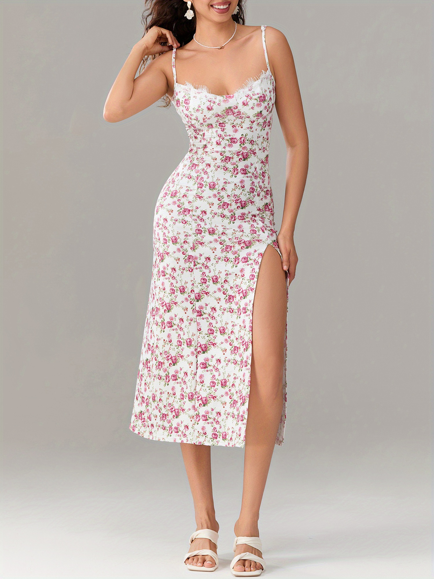 floral print lace trim slit maxi dress Love Language Floral Lace Slit Maxi Dress in Black | Size: XS | Mesh Fabric/Mesh Fabric main image 1