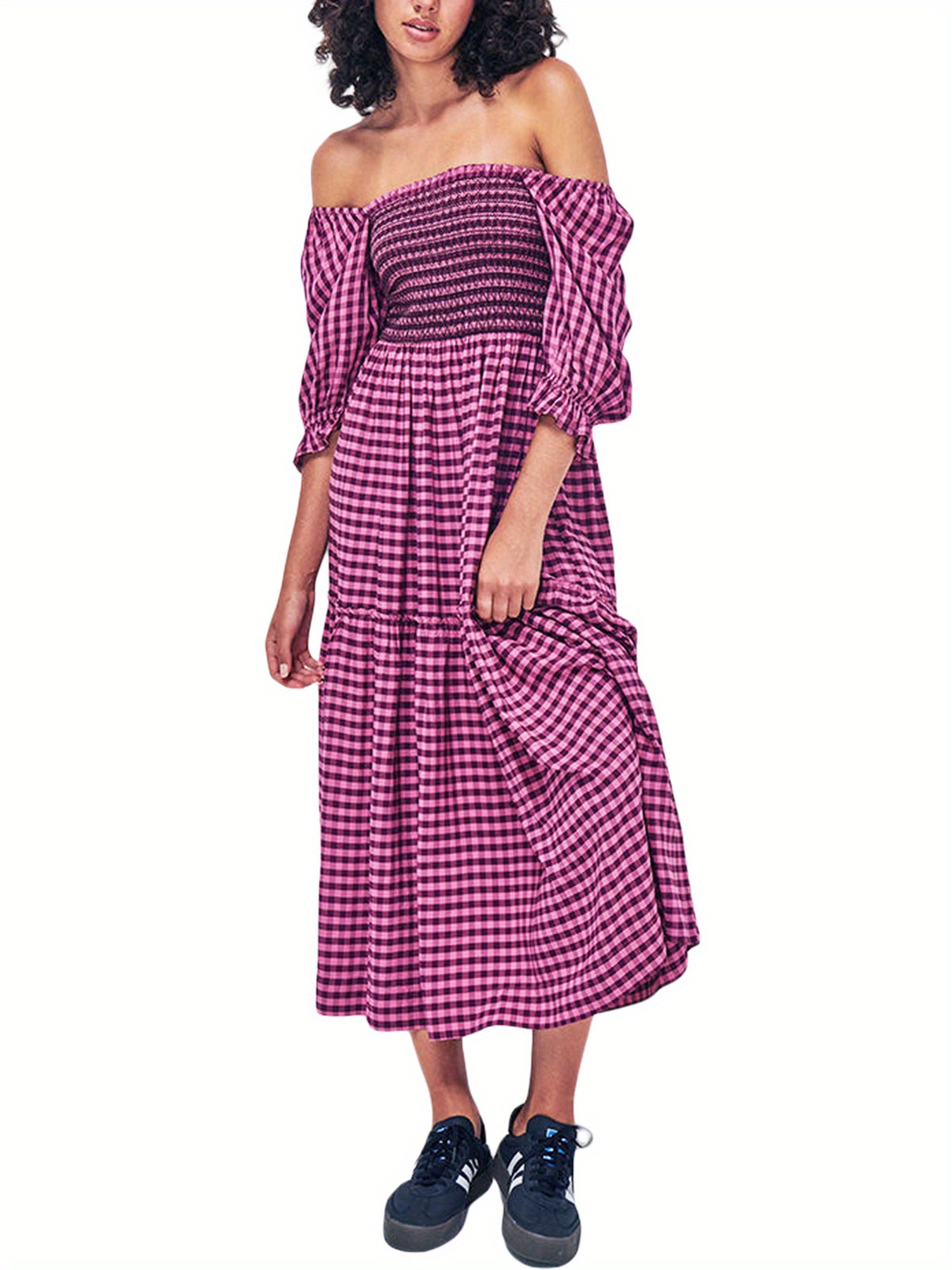 womens casual gingham print a line dress puff sleeves square - Temu